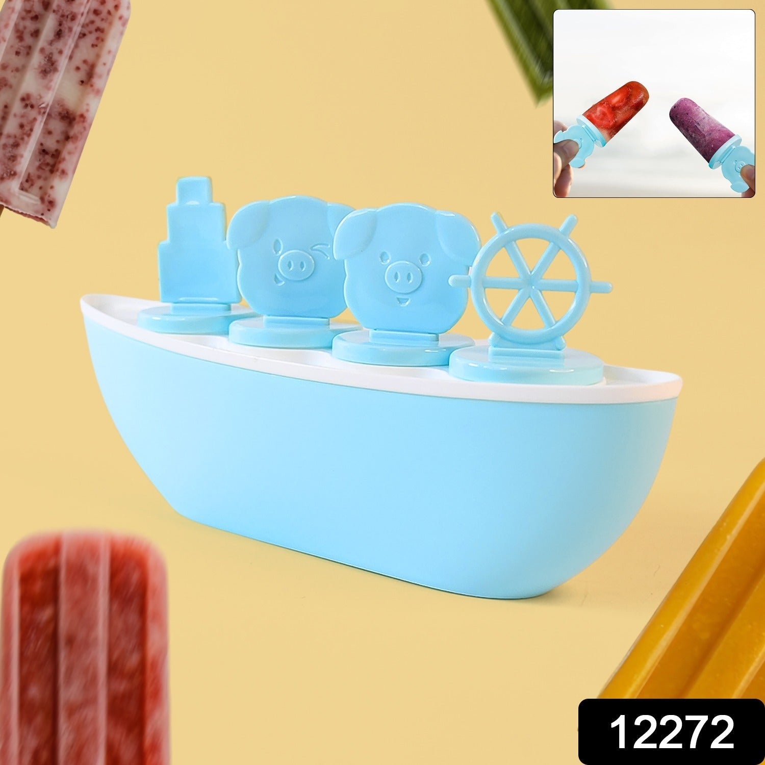 Boat-Shaped Ice Cream Mould with Piggy Design – 4 Cavity Popsicle Maker Secondary image