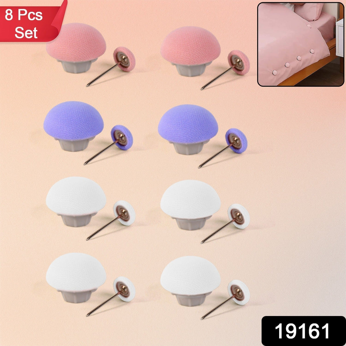 Close-up of mushroom upholstery pins securing sofa fabric Main image