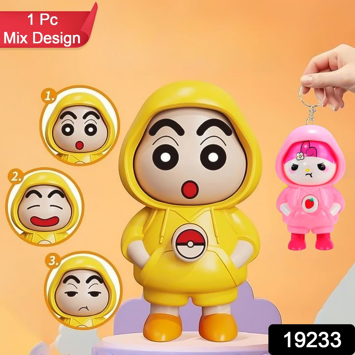 Mixed colour Face Changing Keychain showing its three different expressions. Main image