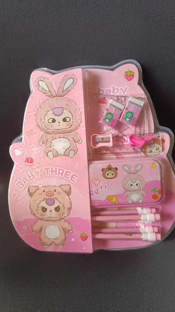 Cartoon stationery set for kids showing included pencils and accessories