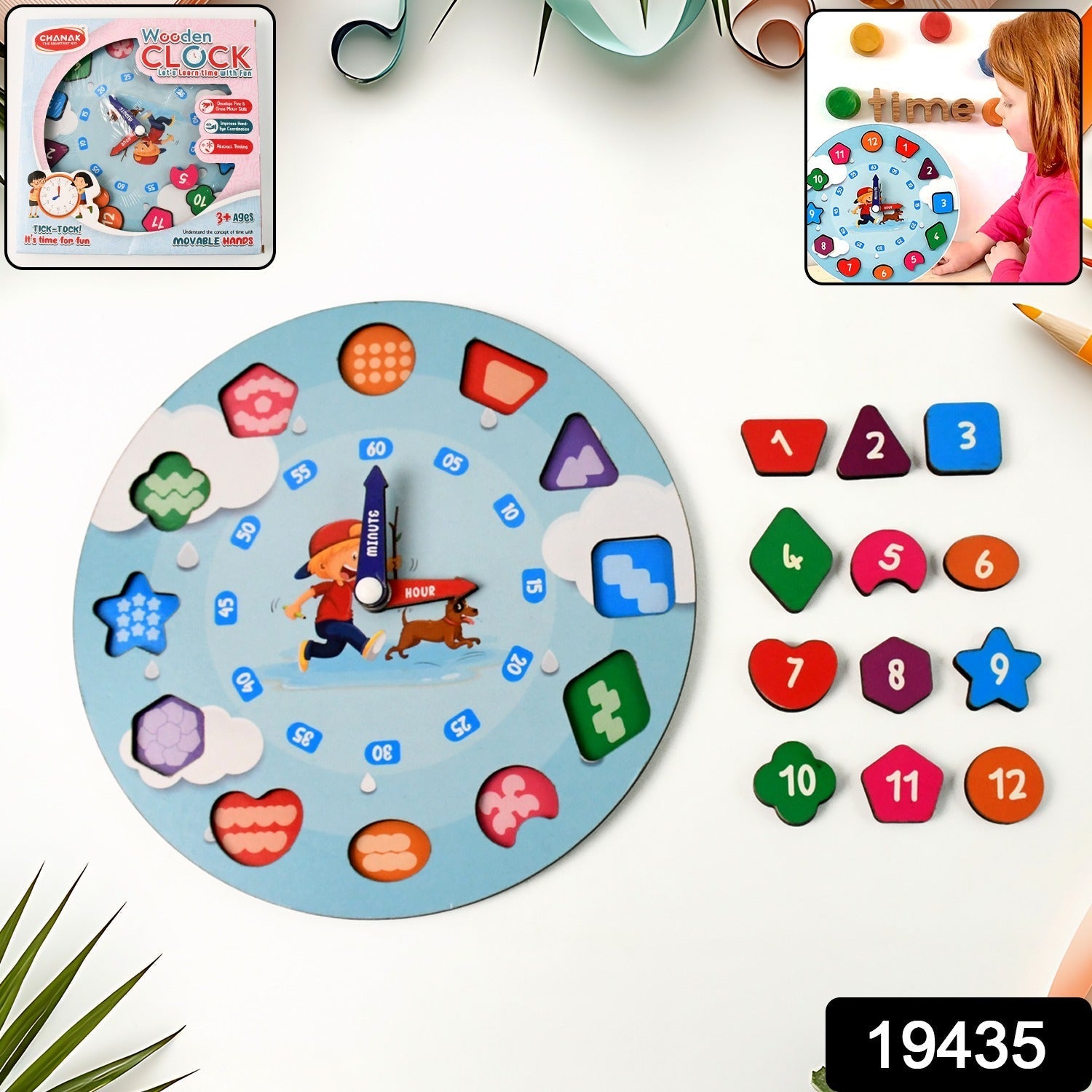 Wooden Educational Learning Clock Toy – Movable Hands & Shape Blocks Secondary image