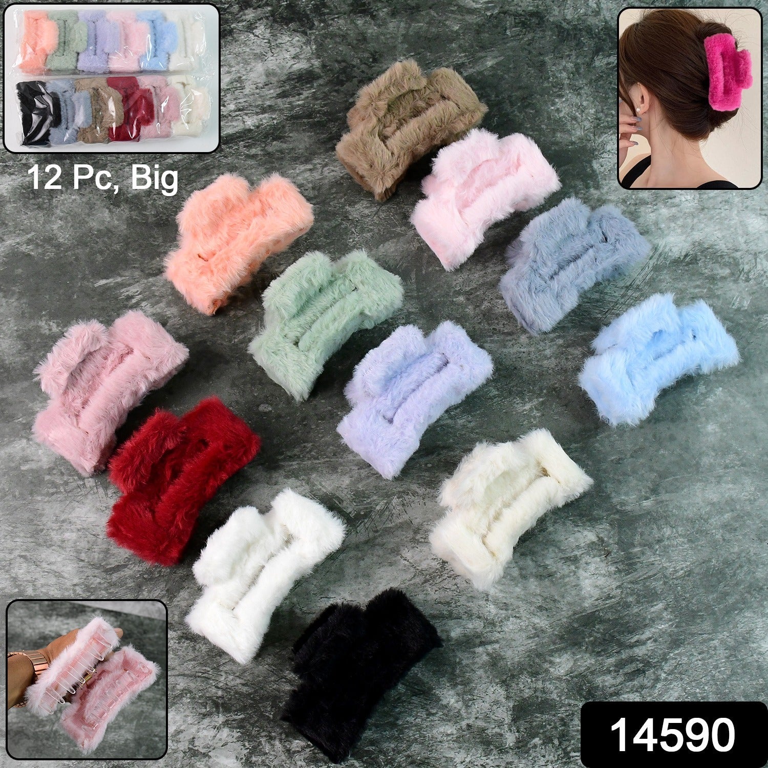 Faux Fur Hair Claw Clips – Soft, Big & Fluffy 12 Pc Set Secondary image