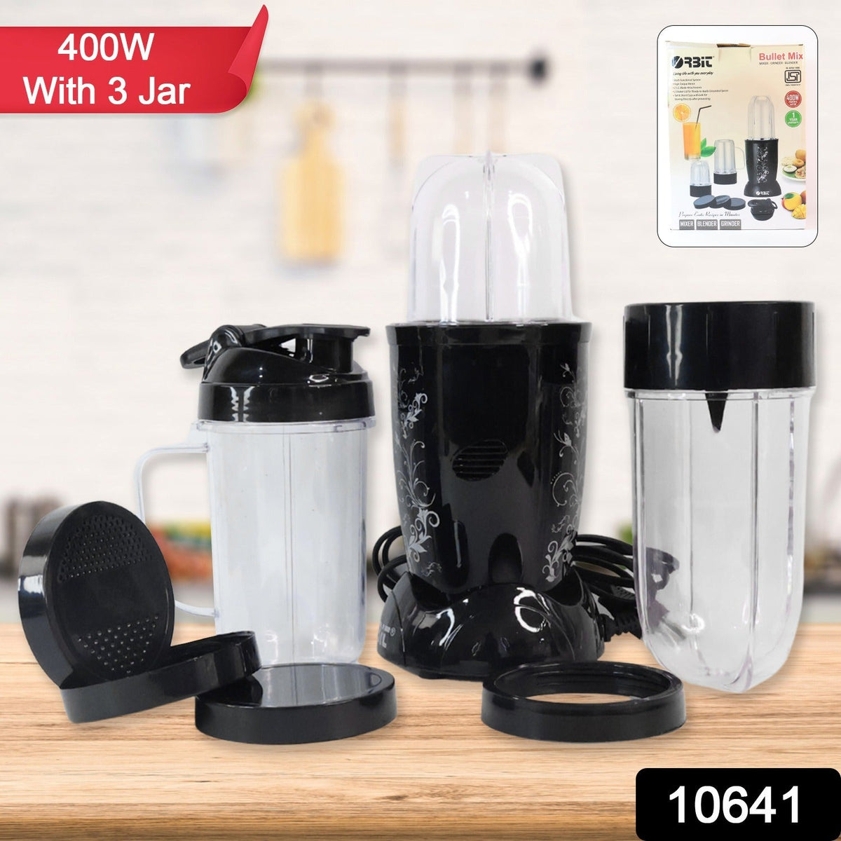 Orbit 400W bullet mixer grinder with 3 jars on kitchen counter Main image