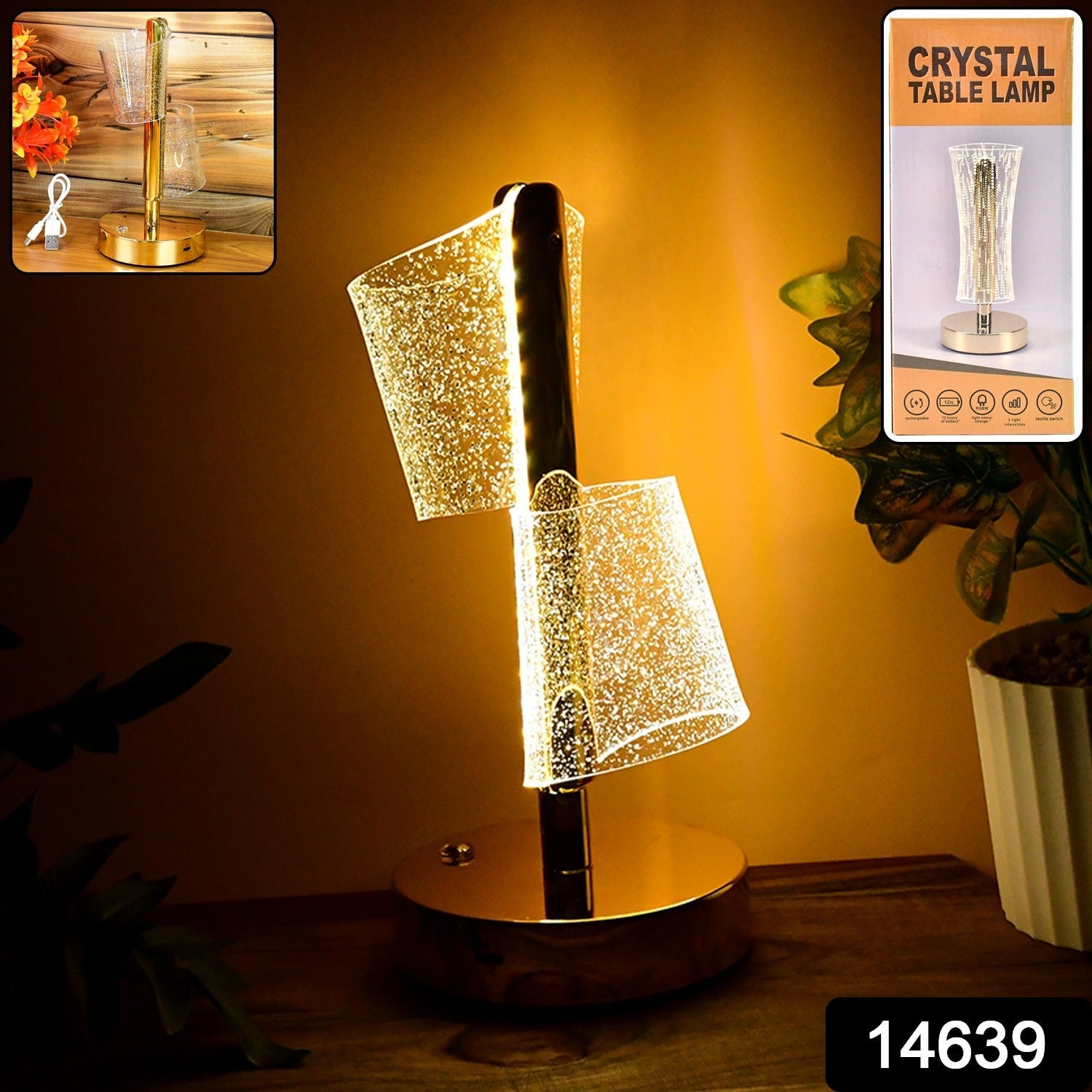 Crystal LED Double Shade Table Lamp – Elegant Golden Base Lighting Secondary image