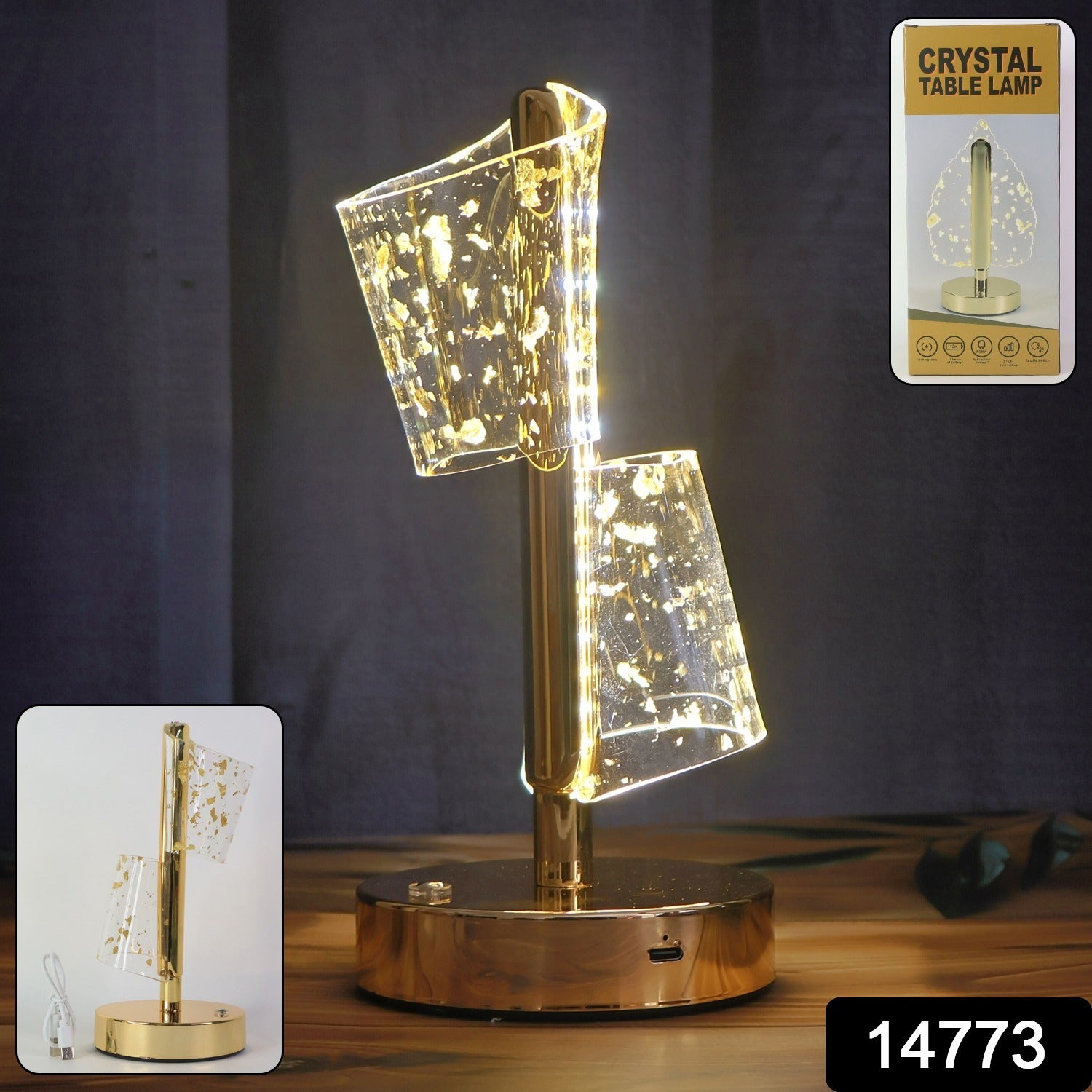 Golden Crystal LED Double Shade Table Lamp – Elegant USB Charging Light Secondary image