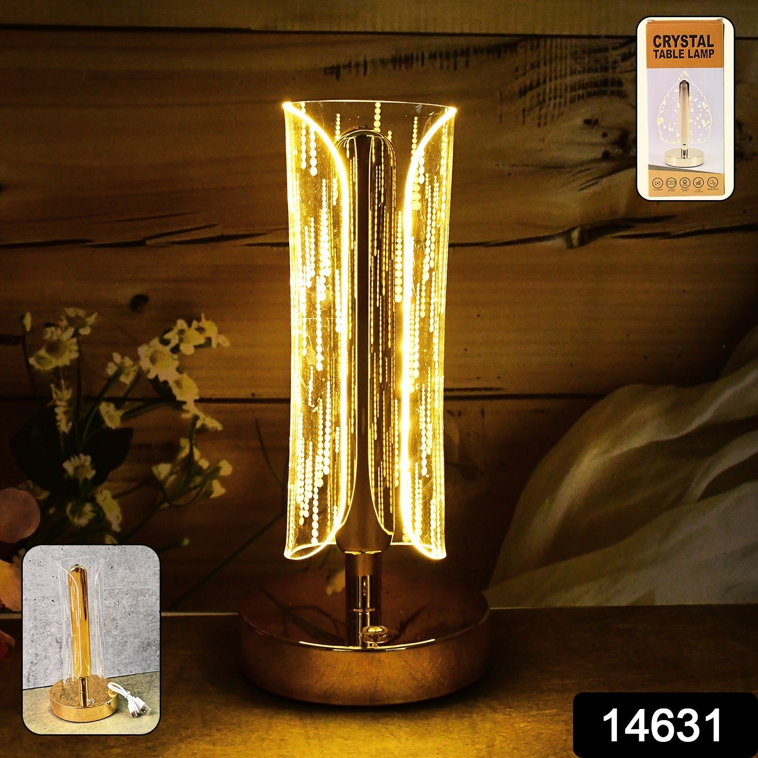 Crystal Table Lamp – Tall Cylinder Shape with USB Charging Secondary image