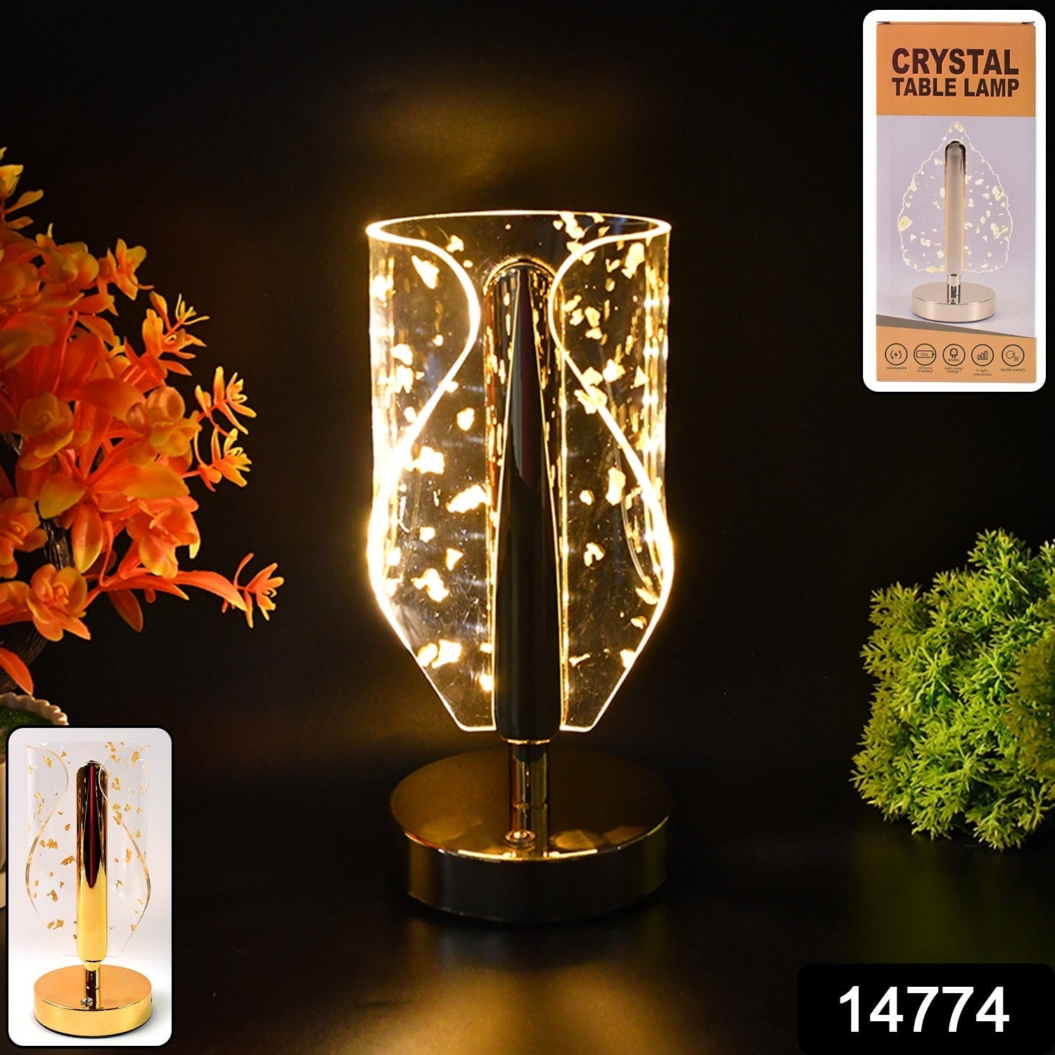 Crystal Table Lamp – Luxury Golden Leaf Design with USB Charging Secondary image