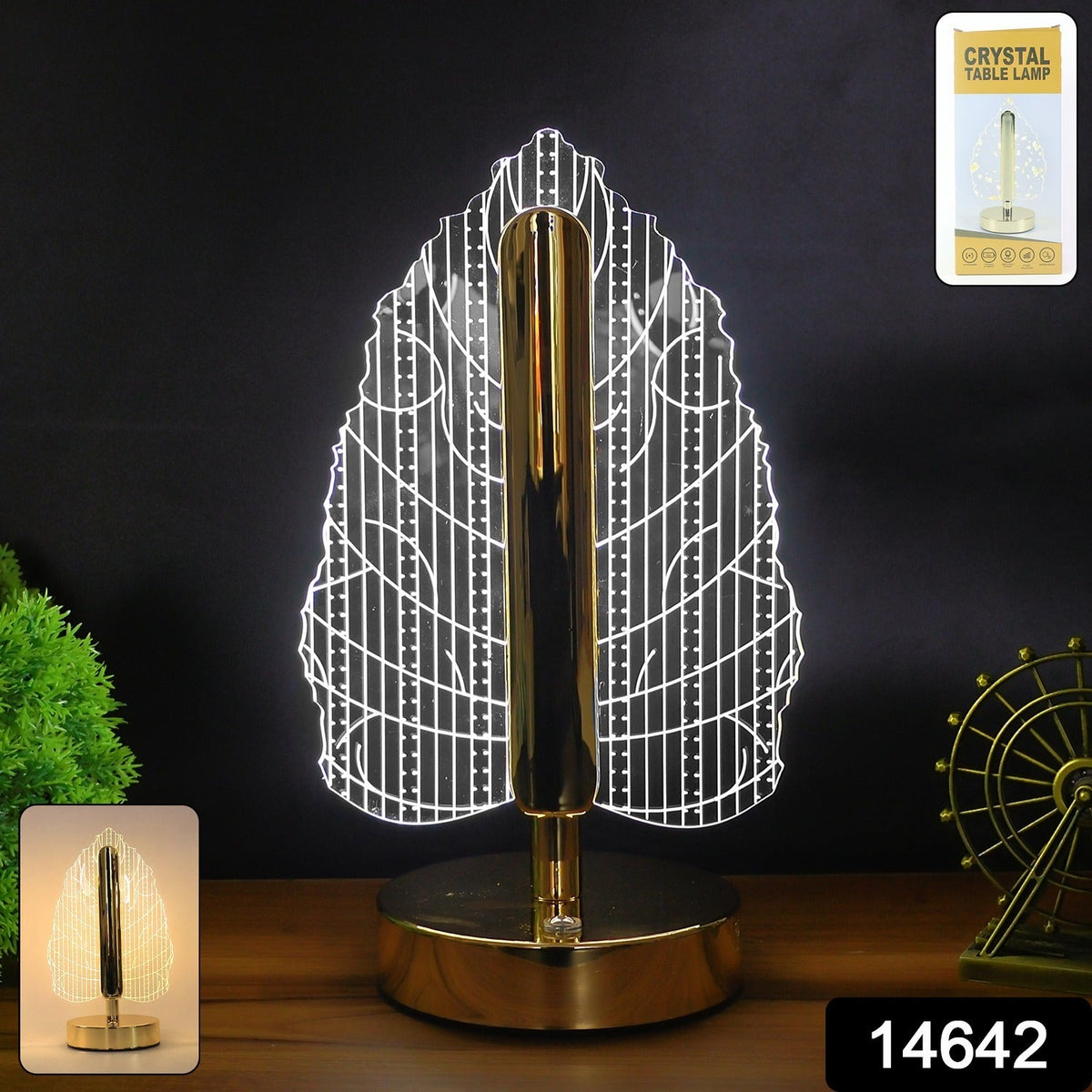 LED table lamp featuring plastic leaf design shade and golden base Main image