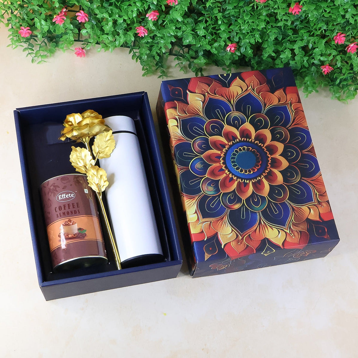Coffee Almonds Gift Hamper with elegant golden rose and stainless steel bottle in luxury box Main image