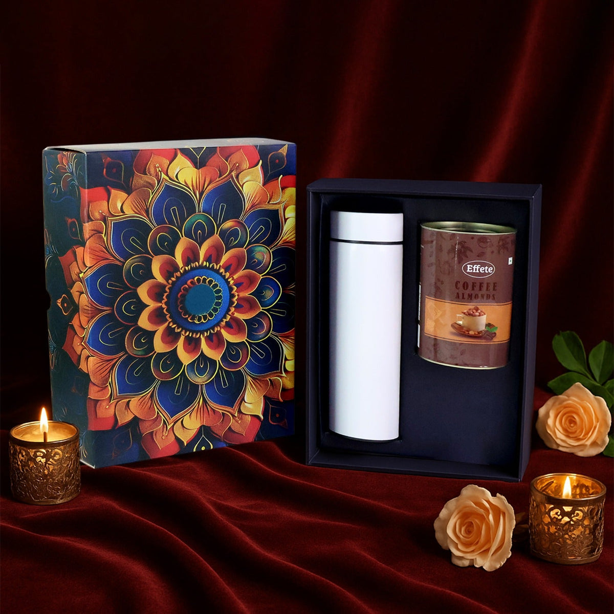 Coffee almonds and stainless steel bottle gift hamper in golden premium packaging Main image