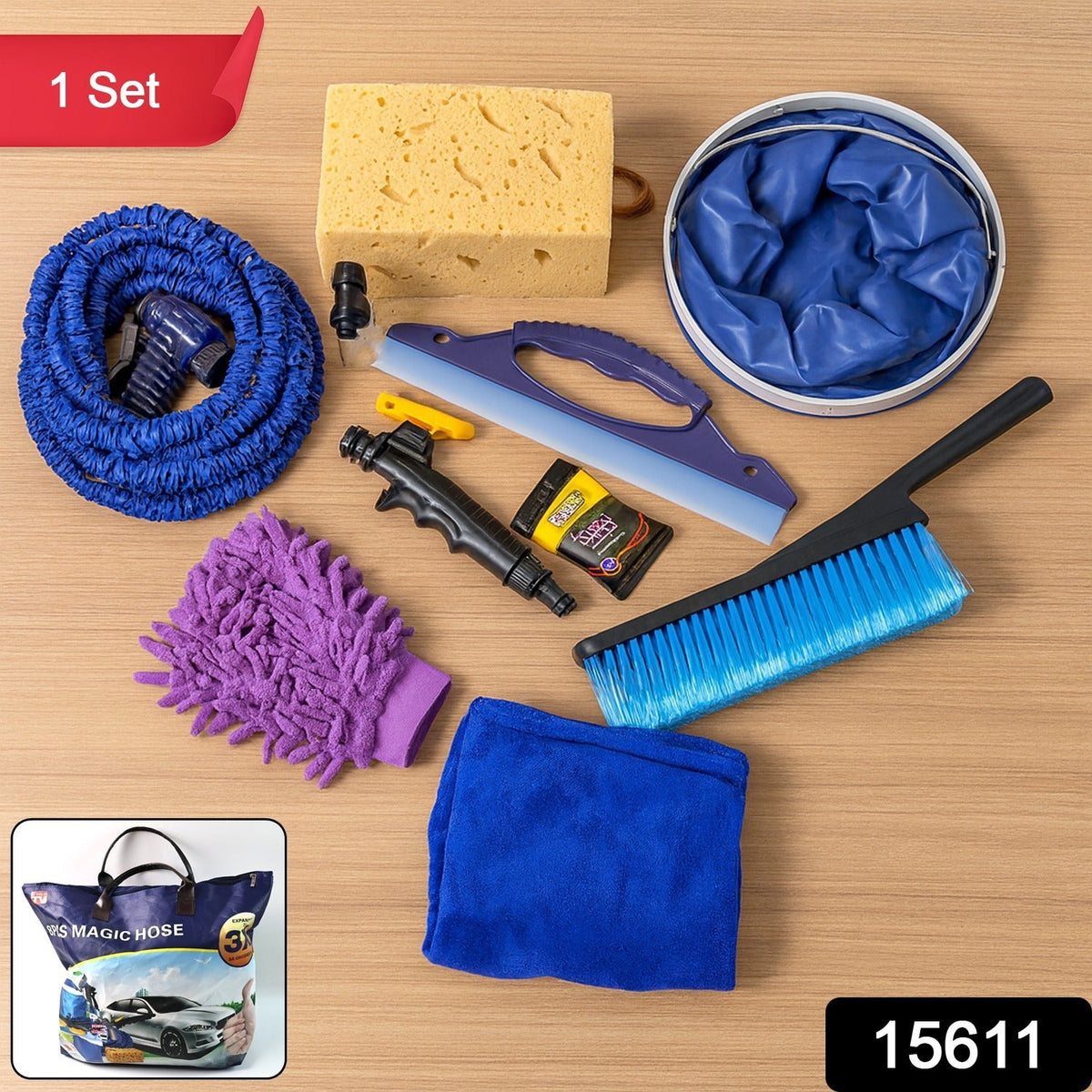 Premium car washing kit in use with hose and cleaning tools Main image