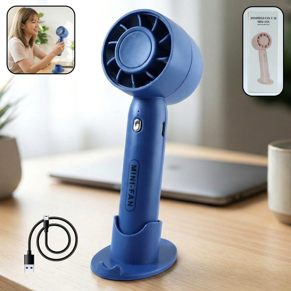 Portable rechargeable mini handheld fan with stable stand on table Main image
