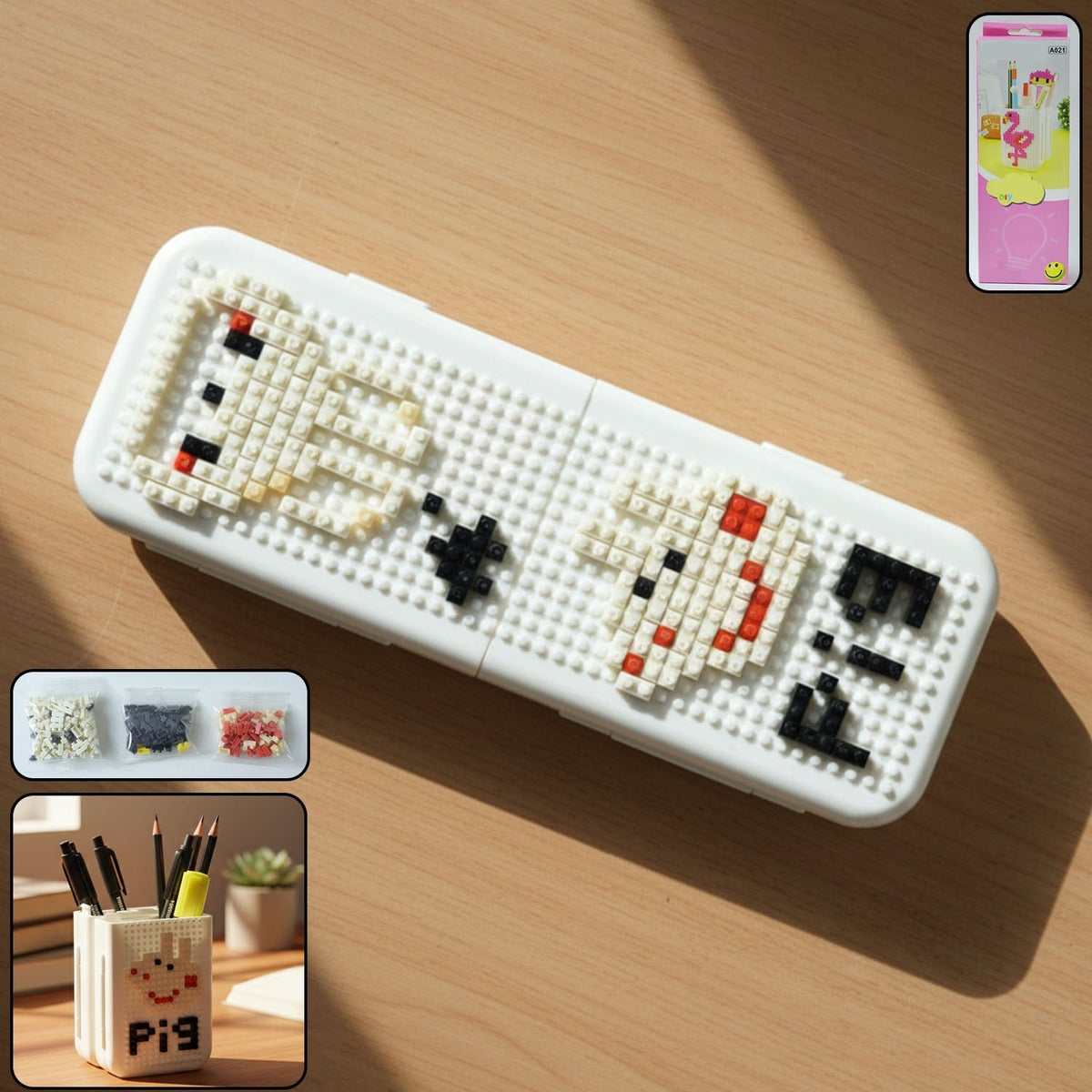 Decorative pixel art desk pen holder showing vibrant colors on office desk Main image
