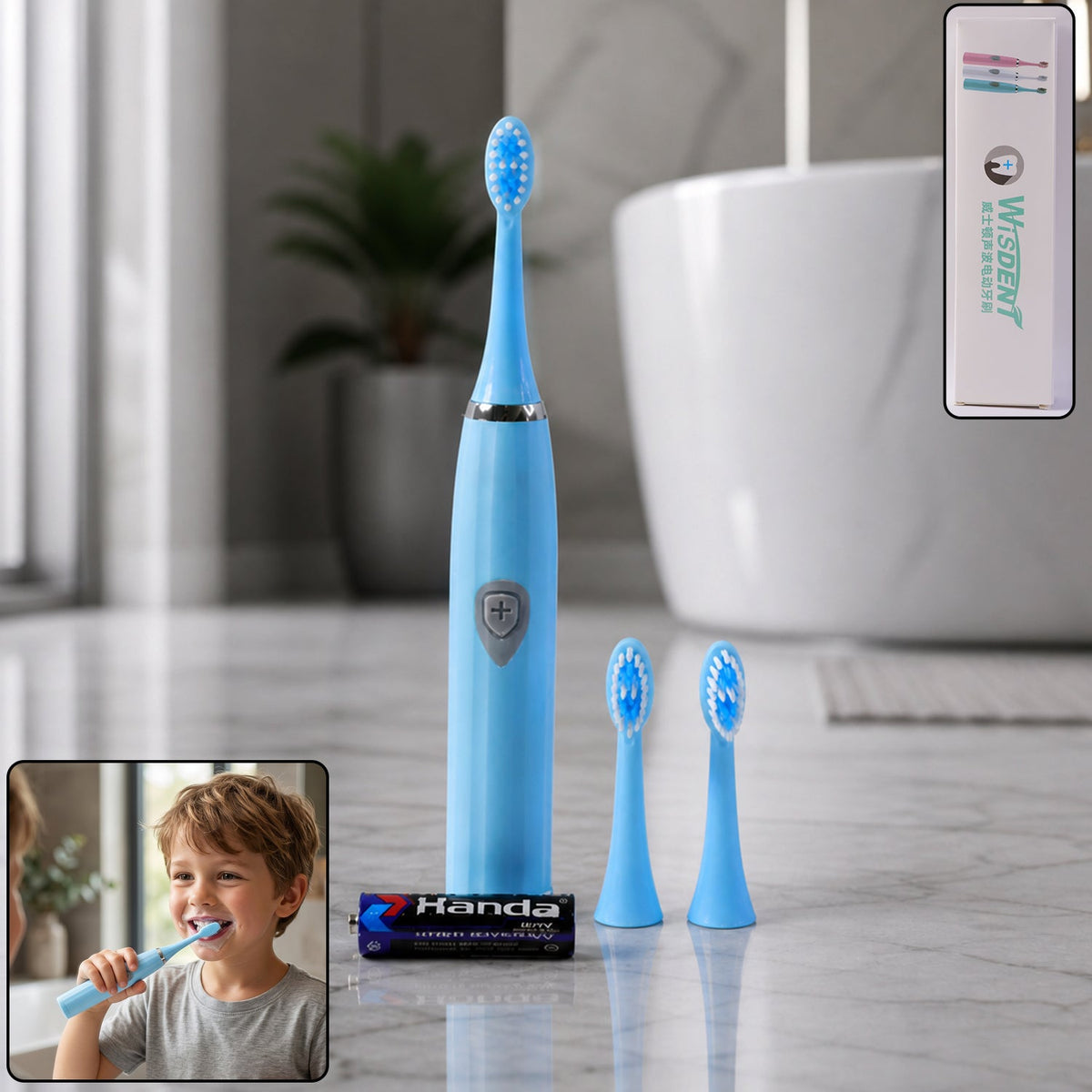 A white battery operated electric toothbrush standing upright with its brush head. Main image