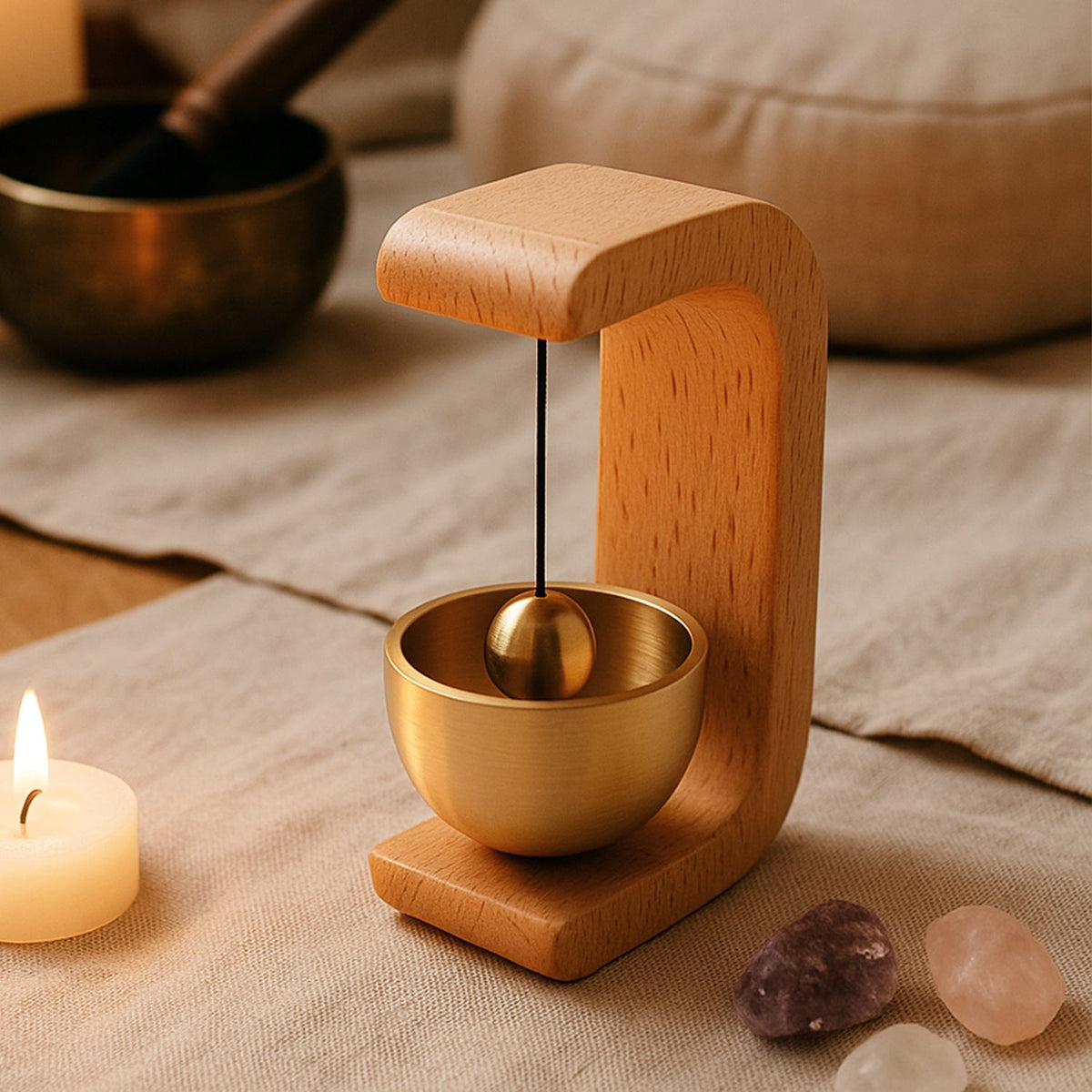 Premium Japanese style Zen meditation bell with wooden stand on desktop Main image