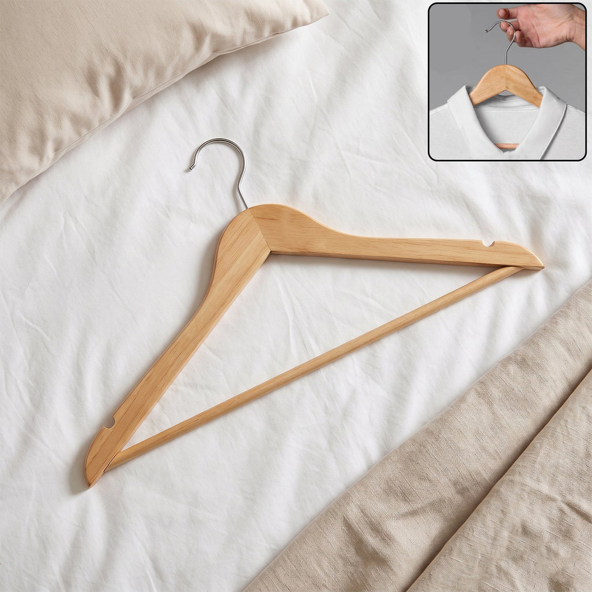 Premium wooden cloth hanger, garment and coat hanger with bar for wardrobe (1 pc) Main image