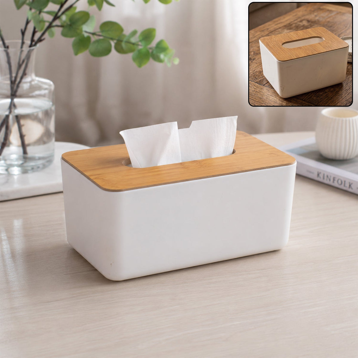 Stylish bamboo tissue box holder displayed on a clean white surface. Main image