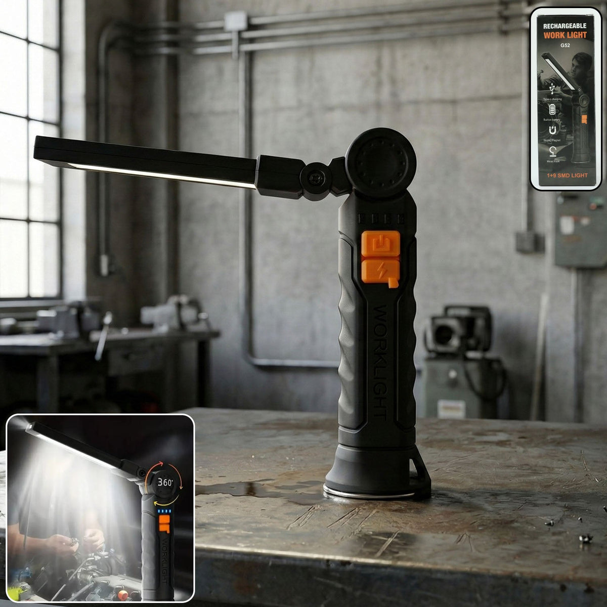 Rechargeable LED work light with adjustable head and magnetic base for hands-free use Main image