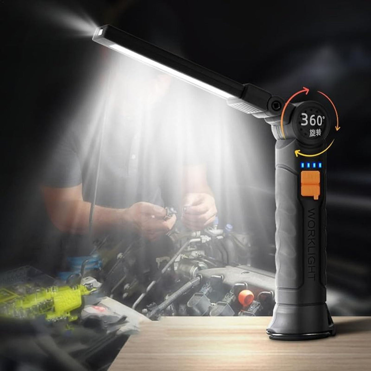 Compact rechargeable LED work light with adjustable arm and magnetic base on workshop table Main image