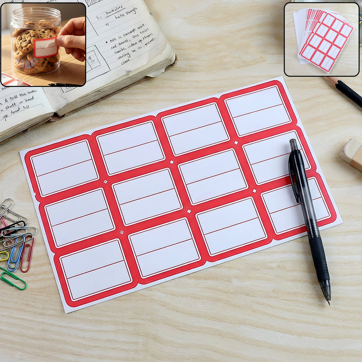 Writable label stickers 50 sheets with strong adhesive and white labels red borders Main image