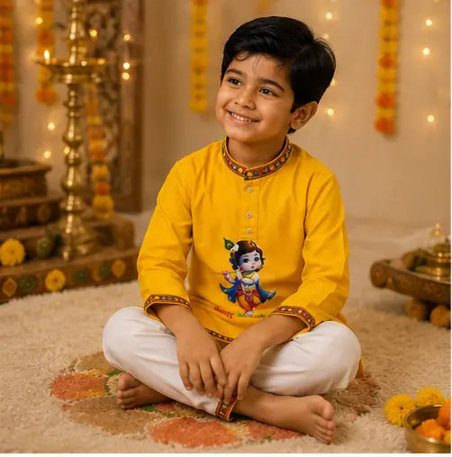 Boys Yellow Little Krishna Printed Cotton Blend Kurta & Lace Work Pyjama Set, 3 Months to 4 Years, 1 Set