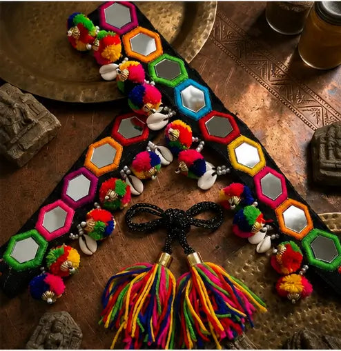 Navratri Designer Mirror Work Kamarband – Handmade Multicolor Embroidered Waist Belt with Pom-Poms & Tassels
