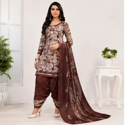 Women's French Crepe Printed Designer Suit Dress Material with Nazneen Dupatta – Unstitched 3-Piece Set