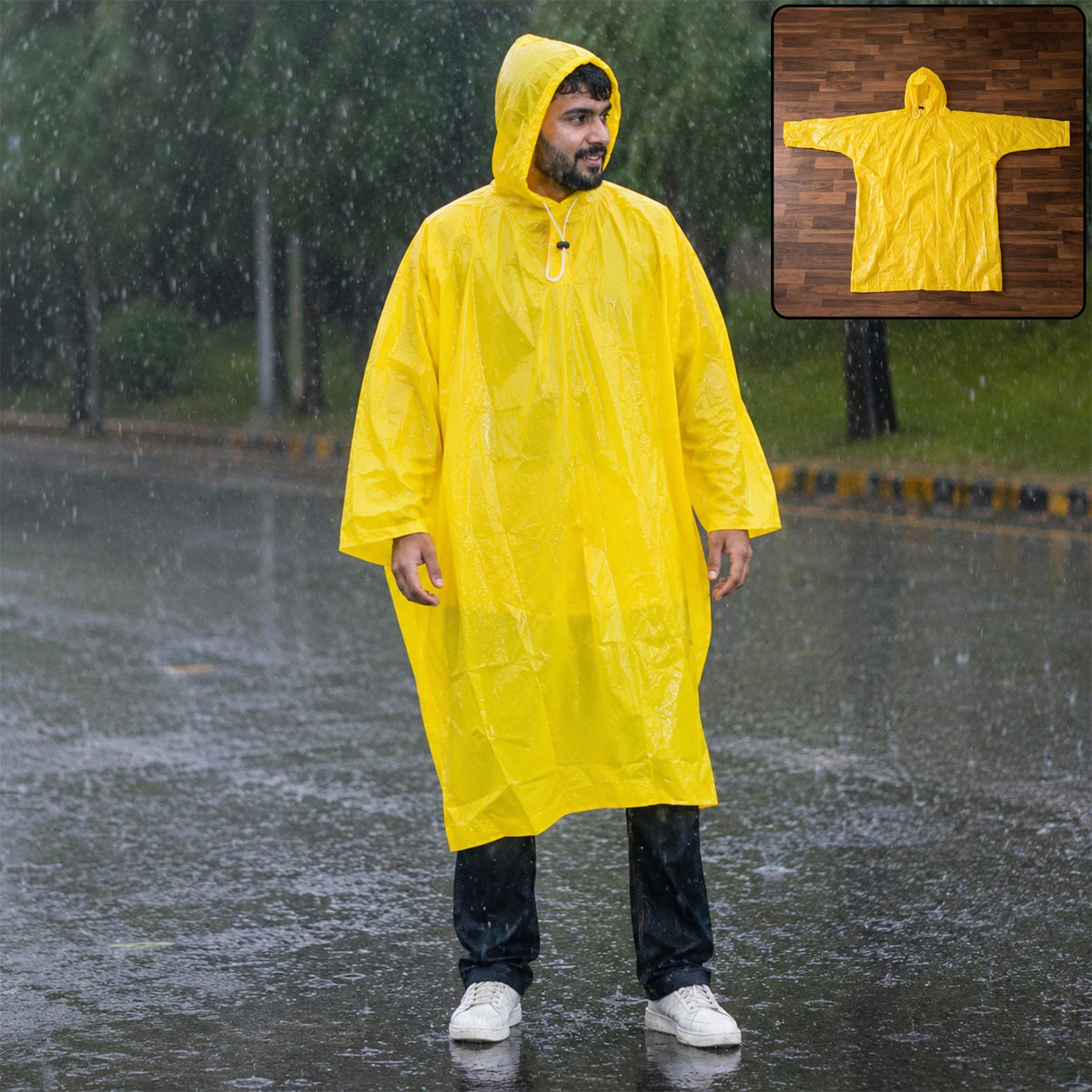 Bright yellow reusable hooded raincoat for effective monsoon protection. Main image