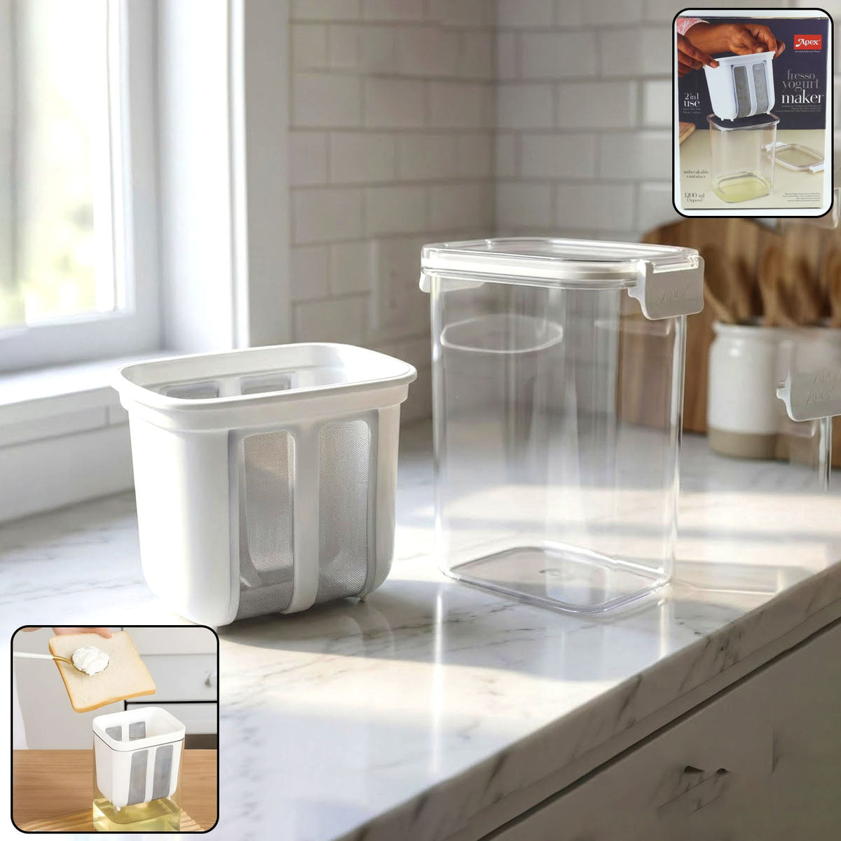 Transparent 2-in-1 yogurt maker with strainer basket for homemade fresh curd and Greek yogurt. Main image