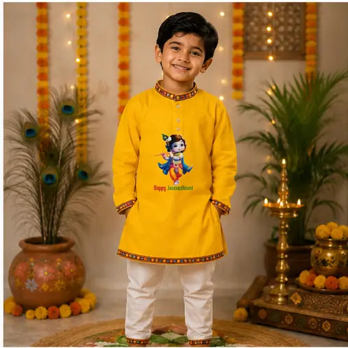 Boys Yellow Little Krishna Printed Cotton Blend Kurta & Lace Work Pyjama Set, 3 Months to 4 Years, 1 Set