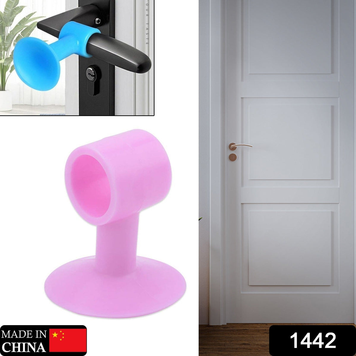 Mini silicone door stopper attached to door handle preventing wall damage Main image