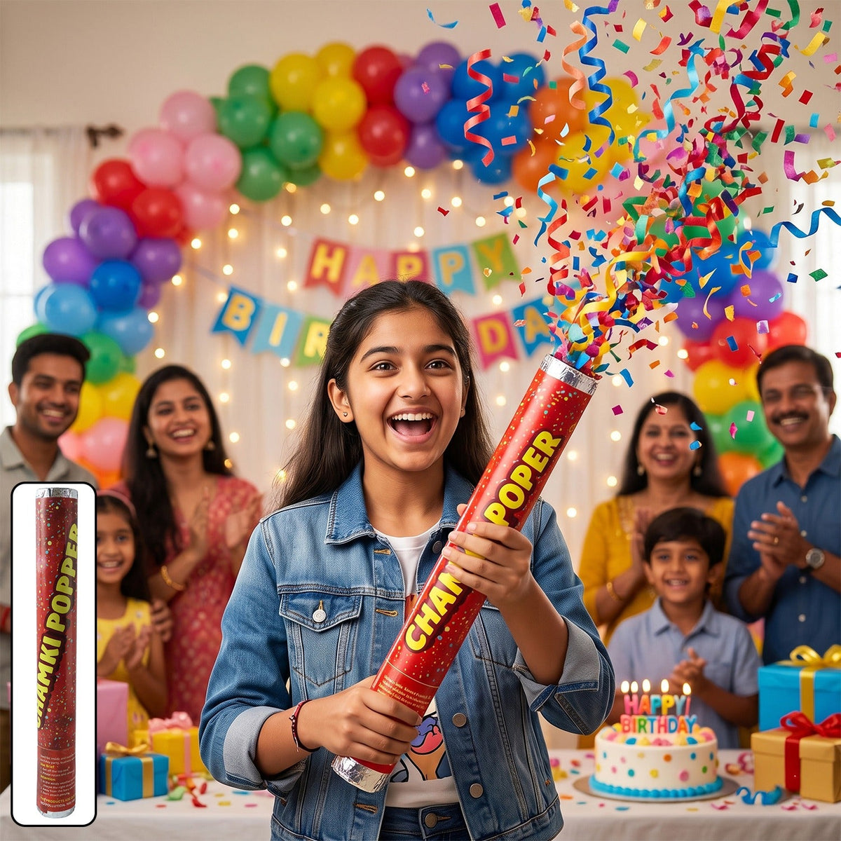Red Chamki Confetti Party Popper for Birthday Wedding and Celebration (1 Pc) product image Main image