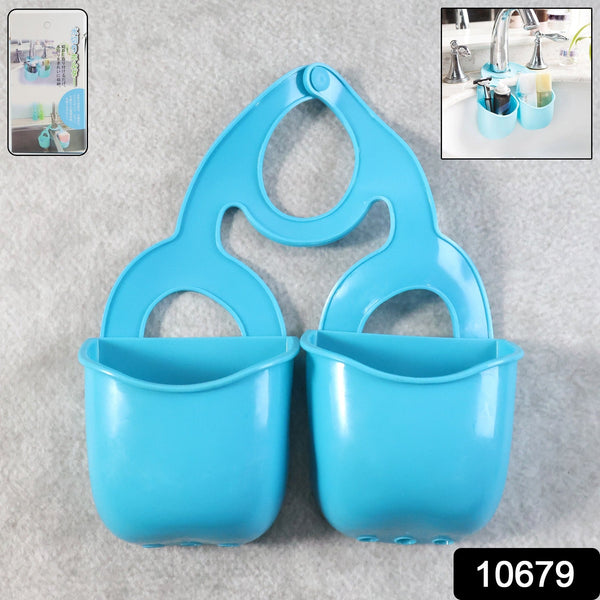 Twin sink organizer baskets holding sponges and brushes for kitchen or bath