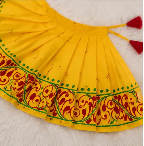 Hand Painted Laxmi Ma Saree with Blouse, Yellow Cotton Saree, Traditional Bengali Puja Dress, 1 Pc Secondary image