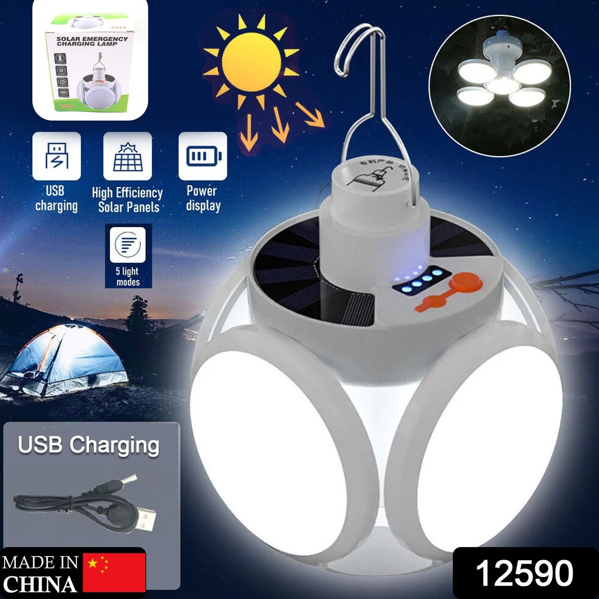 A white Quickslice solar camping light with four bright LED panels illuminates a dark campsite with a tent. Main image
