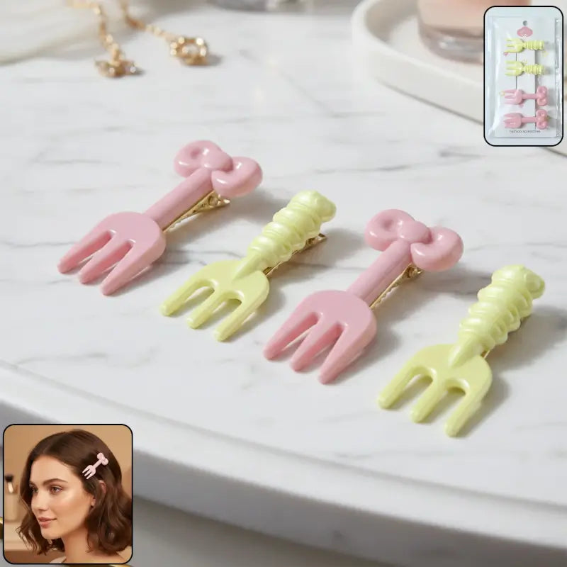 Mini Fork Hair Clips – Pastel Cute Hair Pin Set of 4 for Girls & Women