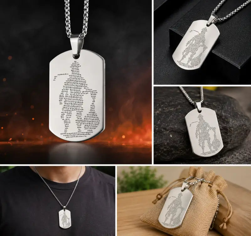 Stainless Steel Hanuman Chalisa Pendant with Chain – Silver Plated Micro-Carved Hanuman Locket for Men