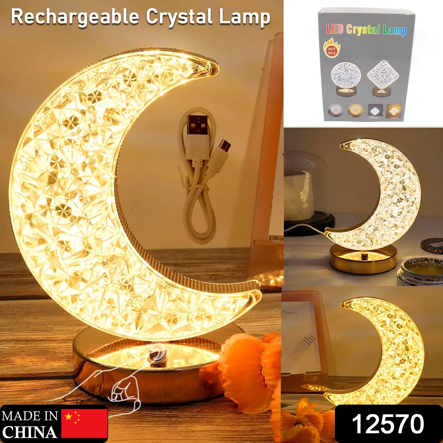 Moon Crystal Lamp – 3-Color Dimmable Touch Control | TinyTrendy Secondary image