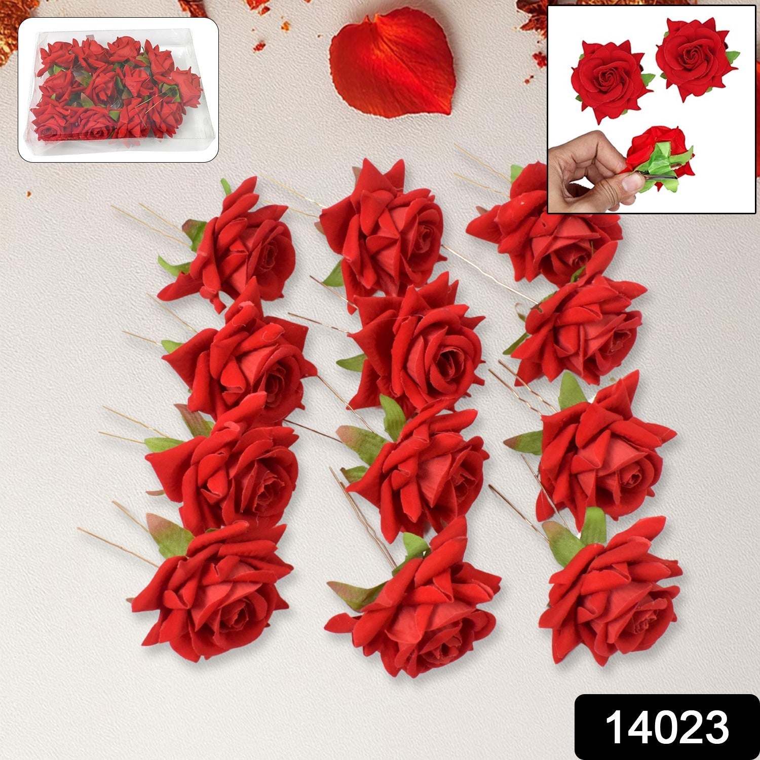 Red Rose Hair Clip – 12 Pc Bridal Flower Pins for Women | Calm & Curl Secondary image