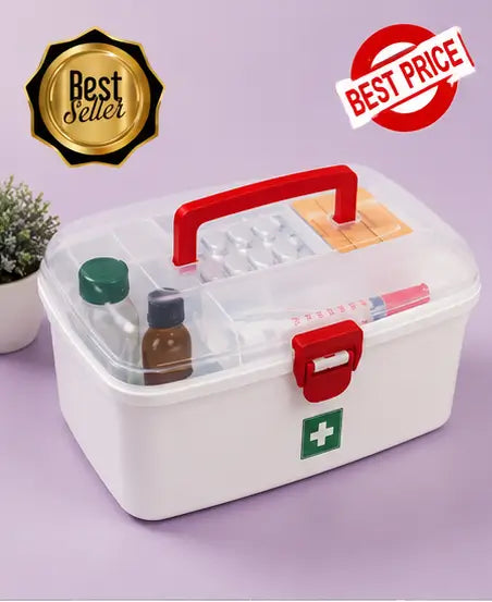 Multipurpose Medicine Storage Box with Handle | Plastic First Aid Kit Organizer with 2 Compartments (White) Main image