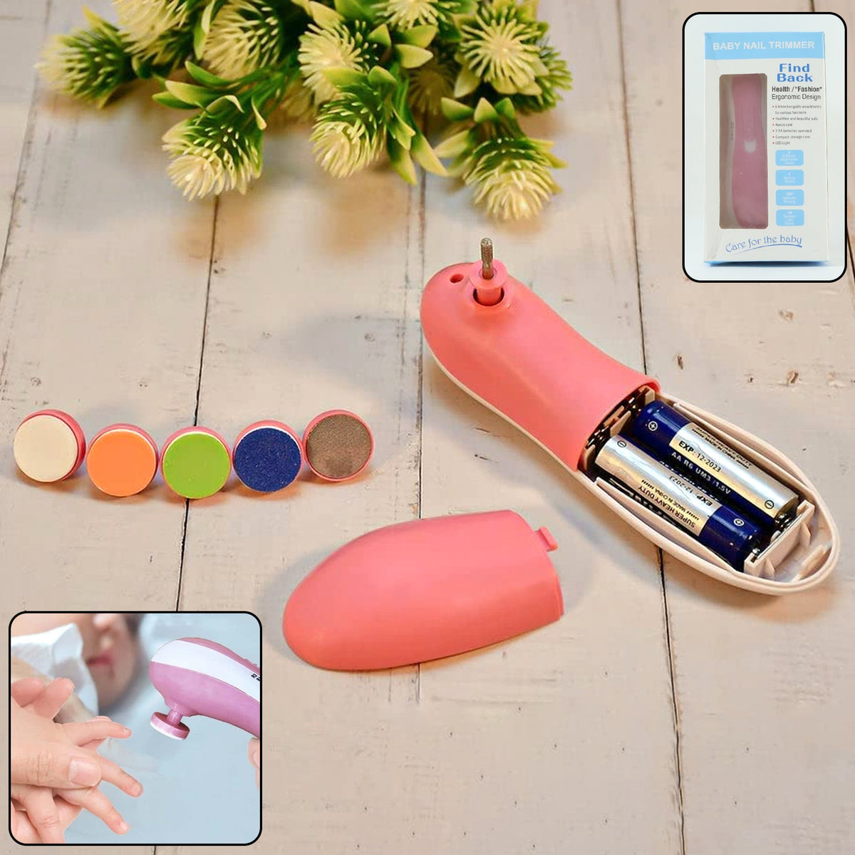 Electric baby nail trimmer with 6 grinding heads displayed on a clean white background. Main image