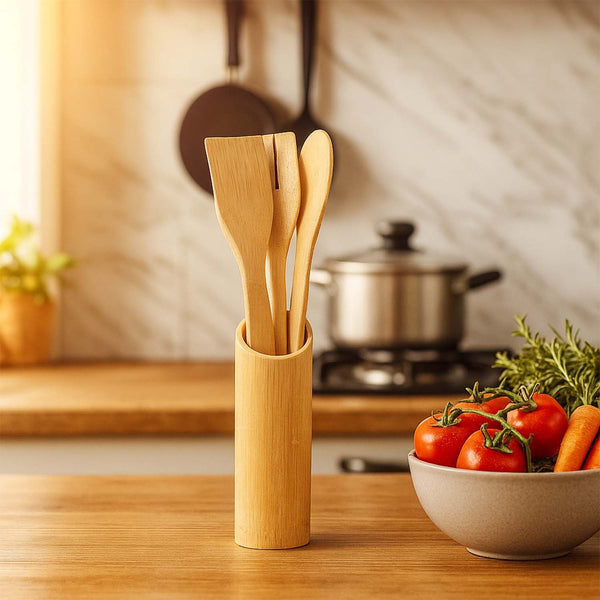 Bamboo spatulas neatly stored in the bamboo holder