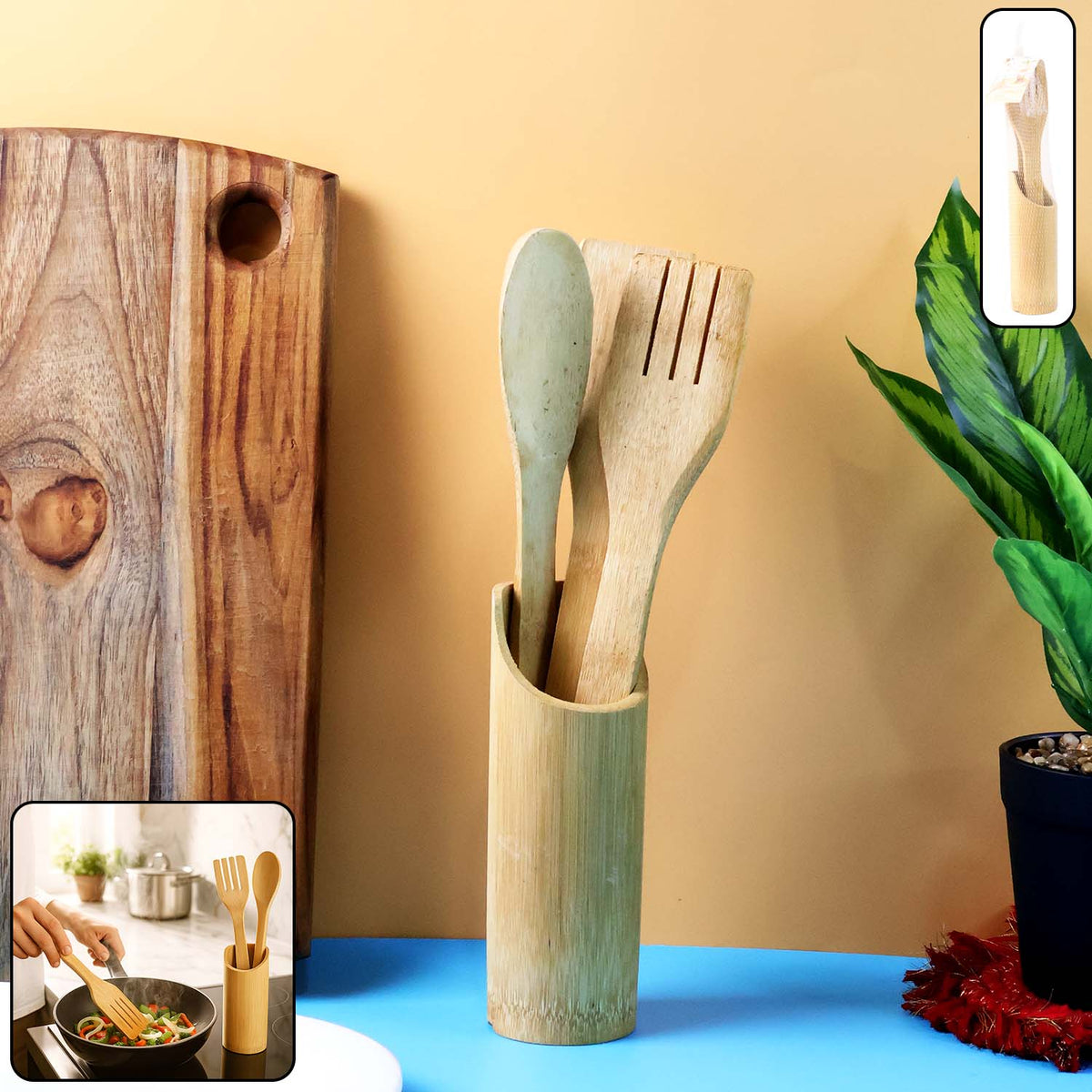 Eco-friendly bamboo spatula set with holder on kitchen countertop Main image