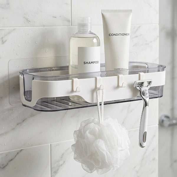 Bathroom wall organizer shelf with personal care products