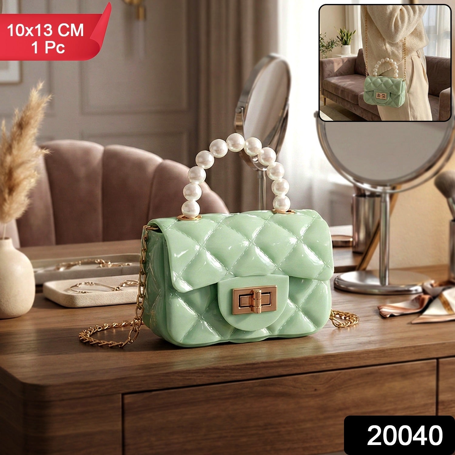 Quilted Mini Handbag – Elegant Pearl Handle & Chain Strap Secondary image