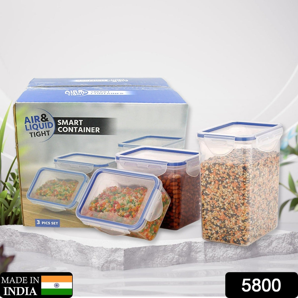 Organivo set of 3 rectangular airtight food storage containers with blue lids. Main image