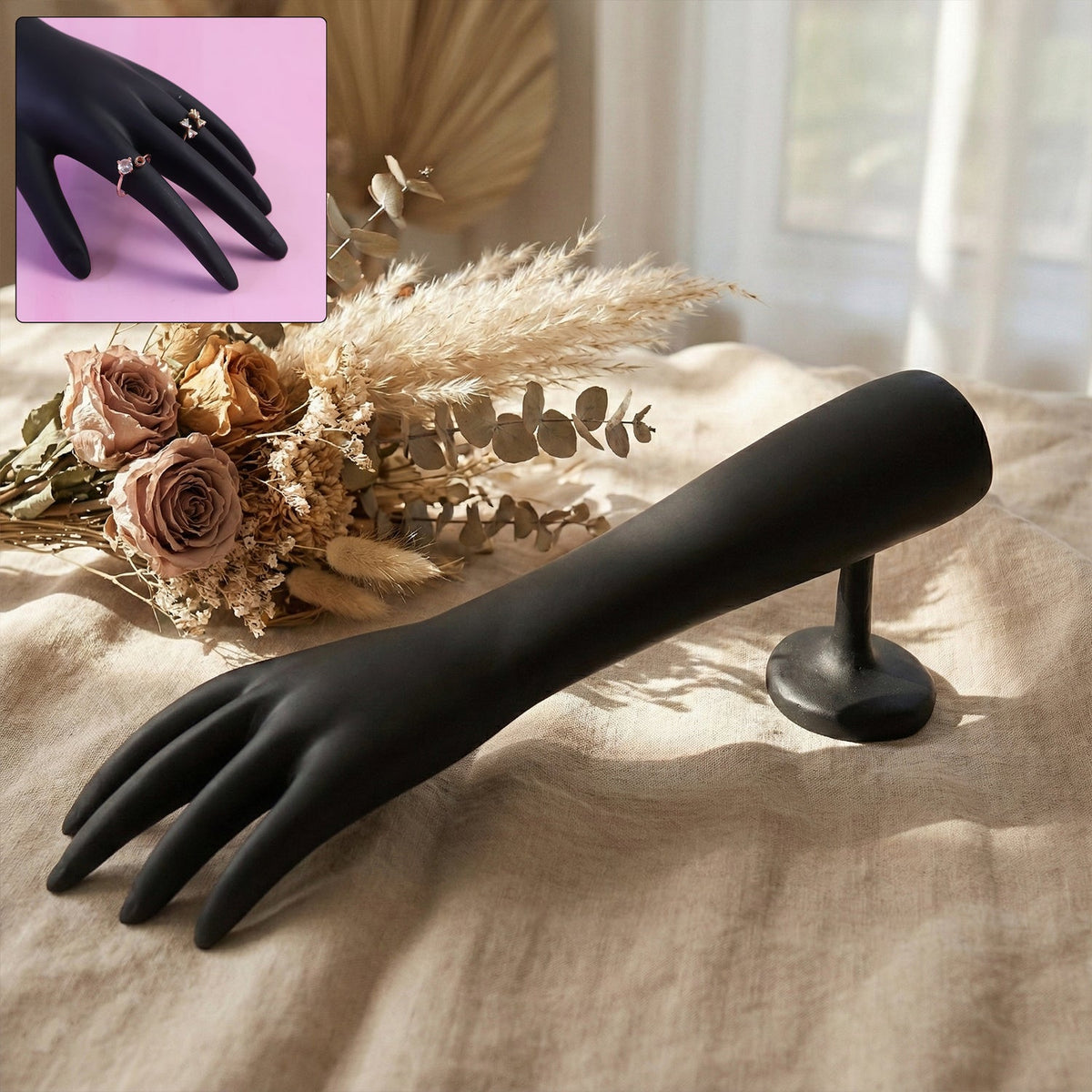 Black hand jewelry display stand with matte finish showing front view Main image