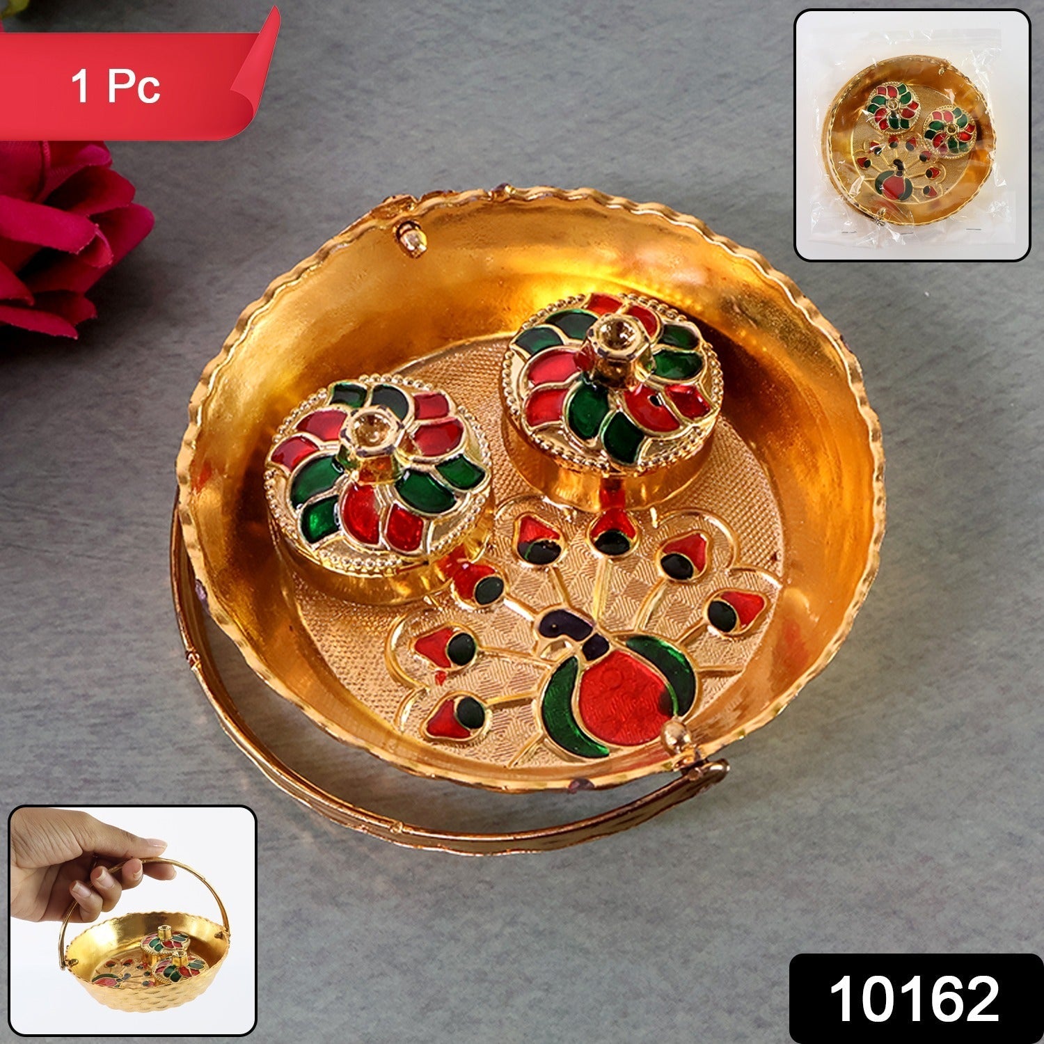 Peacock Meenakari Pooja Tray – Elegant Gold-Tone with Kumkum Bowls Secondary image