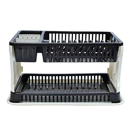 Black plastic dish drying rack with water collection tray on a kitchen counter. Main image