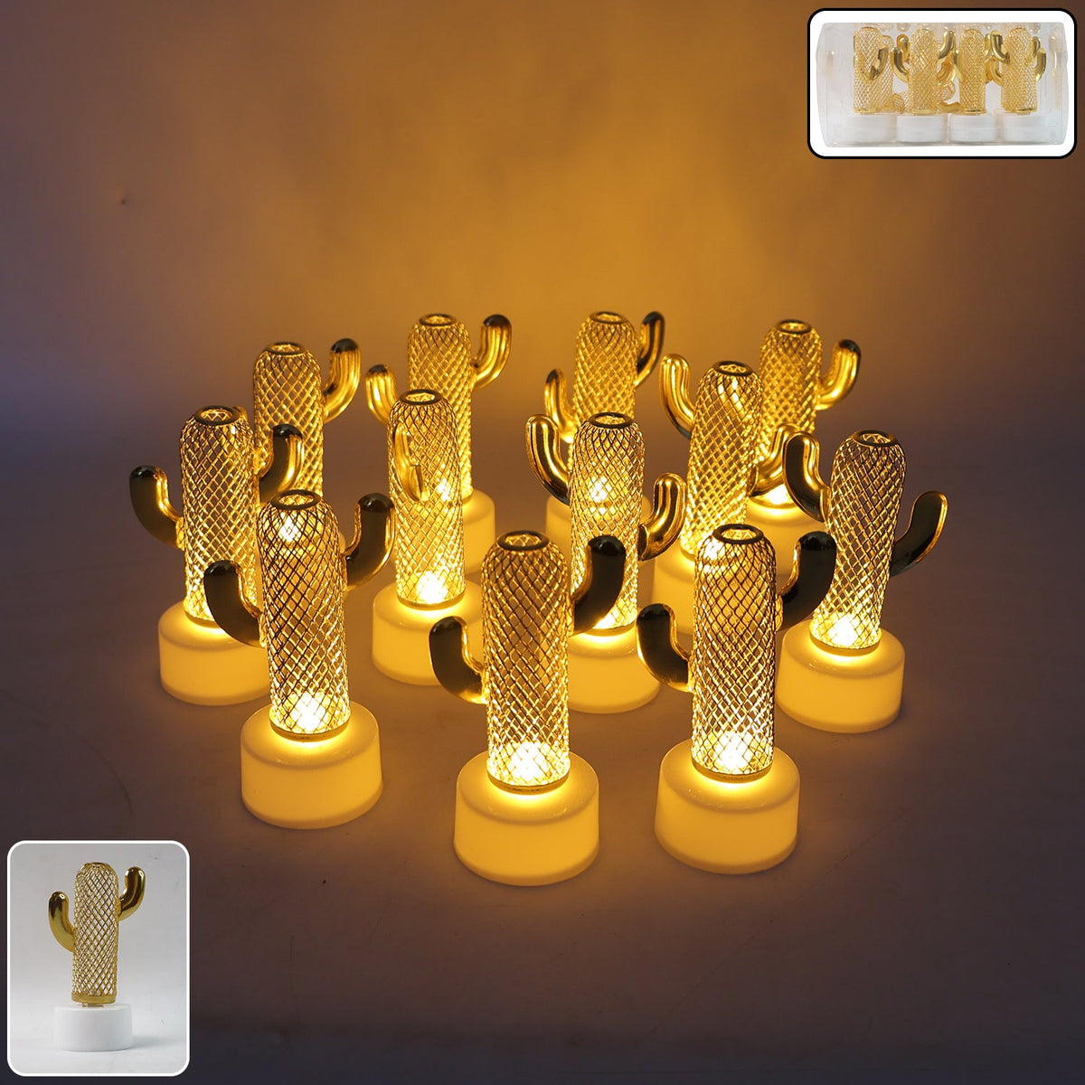 Set of 12 cactus shaped flameless LED candles with golden accents for home décor Main image